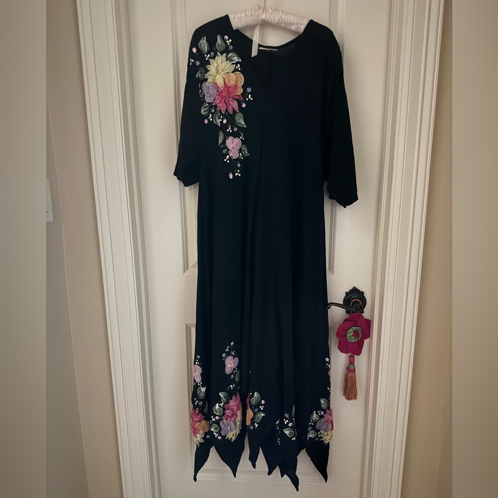 Ana Rose Hand Painted Floral Black Maxi Dress size XL